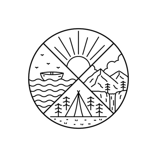 Nature camping lake and mountain in mono line art patch badge design emblem design TShirt Design