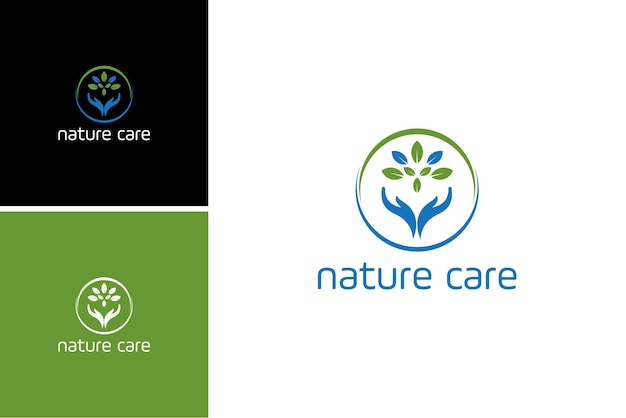 nature care logo design with leaf person people hand vector template