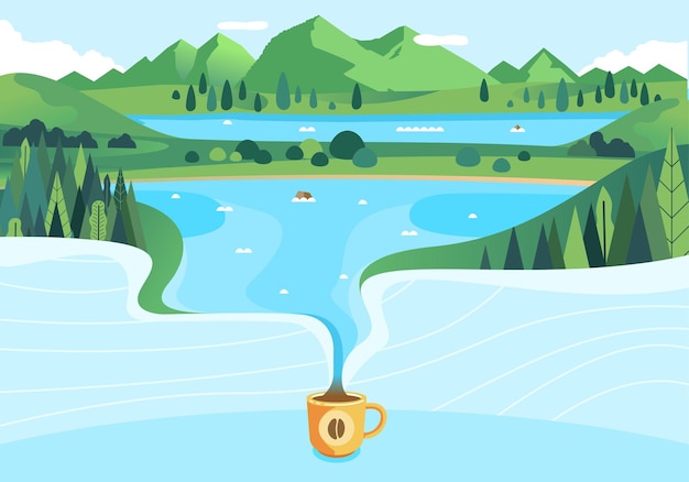 Nature Coffee illustrated with beautiful mountain landscape pouring into cup of coffee flat  illustration