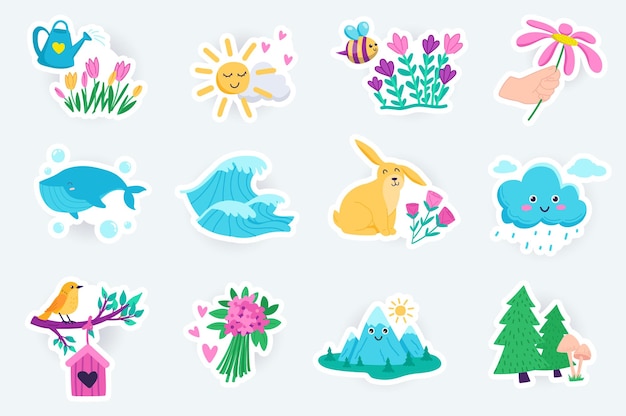 Nature cute stickers set in flat cartoon design bundle of sun cloud flower whale ocean wave rabbit