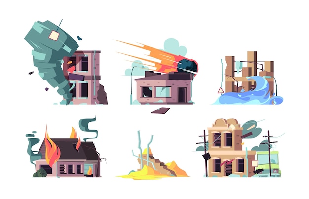 Nature disasters Whether environment global catastrophe damaged buildings tsunami earthquake hurricane storm tornado garish vector cartoon set