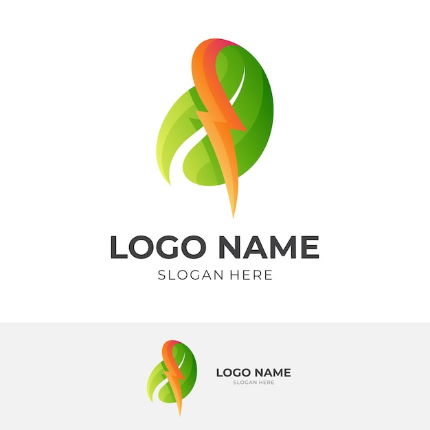 Nature energy logo, thunder and leaf, combination logo concept with 3d yellow and green color style