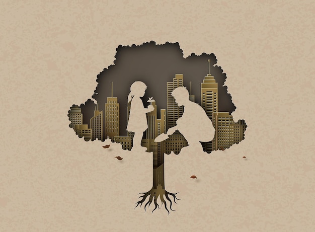 nature and environment concept with dad and daughter plant a tree .paper cut and digital craft style.