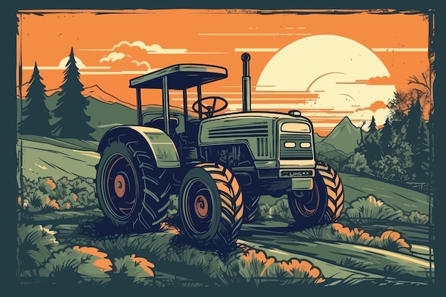 Nature and farm landscape village sky field trees tractor and grass for background poster vector illustration design