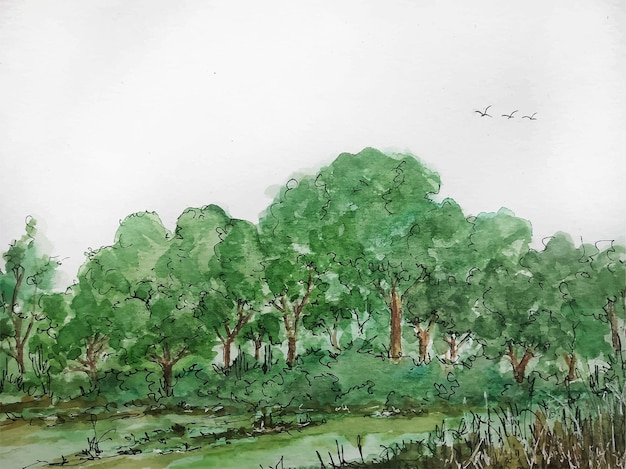 A nature of field watercolor landscape painting on paper background