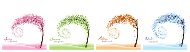 Nature Four stylized trees representing different seasons spring summer autumn winter Vector