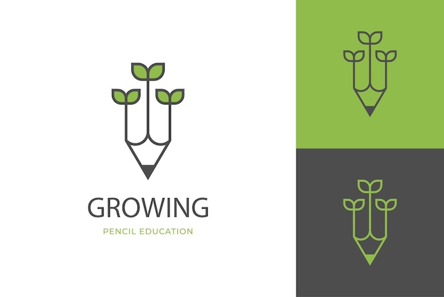 Nature growth pencil vector logo design line art style element symbol icon design with leaf or plant design concept for education logo