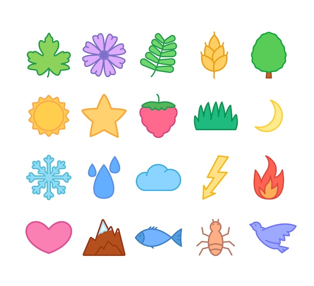 Nature icon set collection of plant phenomenon animal symbols