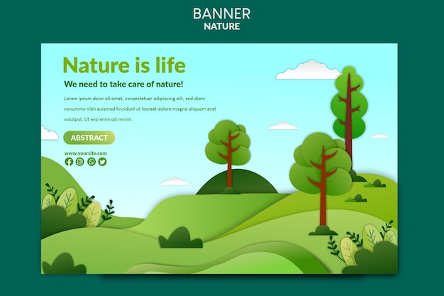 Nature is a life with paper cut style banner template