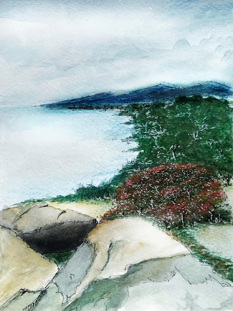 A nature of lake view watercolor landscape painting on paper background