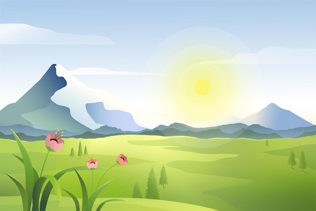 Nature landscape of green meadow with mountains on background, sunrise scenery vector illustration.