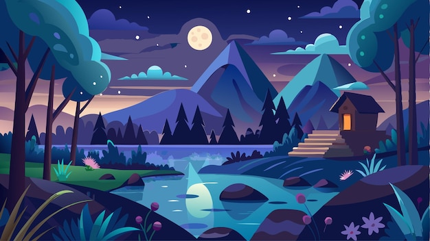 Nature Landscape At Night Scene Vector Art Illustration