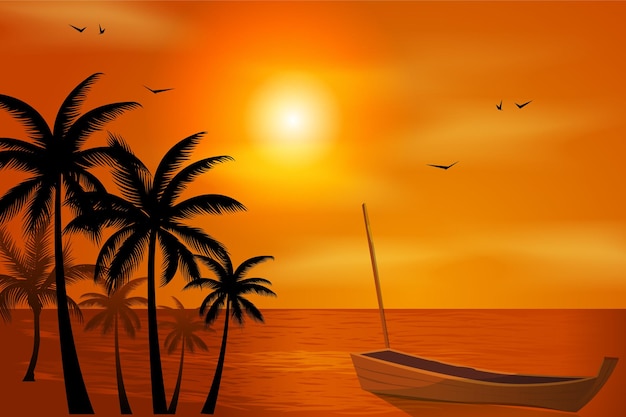 Nature landscape and seascape Sunset summer tropical beach with palm trees boat and sea