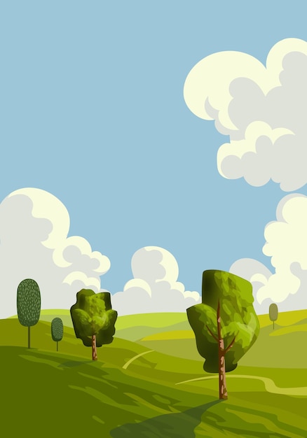 Vector nature landscape with green meadow grass trees and blue sky vector illustration background