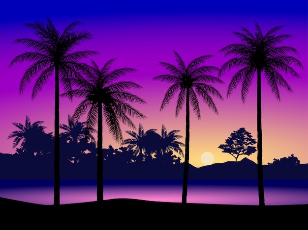 nature landscape with silhouette of coconut trees and colorful sky at sunset