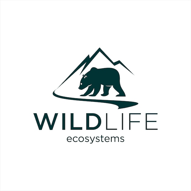 Nature Logo with Mountain and River also Grizzly Bear Vector