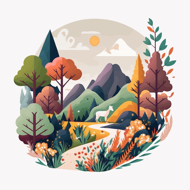 Nature Mountain Forest Jungle Landscape Background in Vector Flat Color