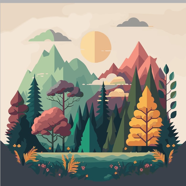 Nature Mountain Forest Jungle Landscape Background in Vector Flat Color