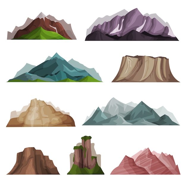 Nature mountain silhouettes set, variety of mountain massif   Illustrations