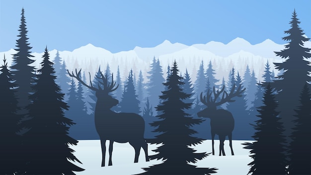 Vector nature mountains landscape silhouette winter coniferous forest deer stay in the woods