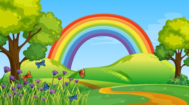 Nature park scene with rainbow in the sky