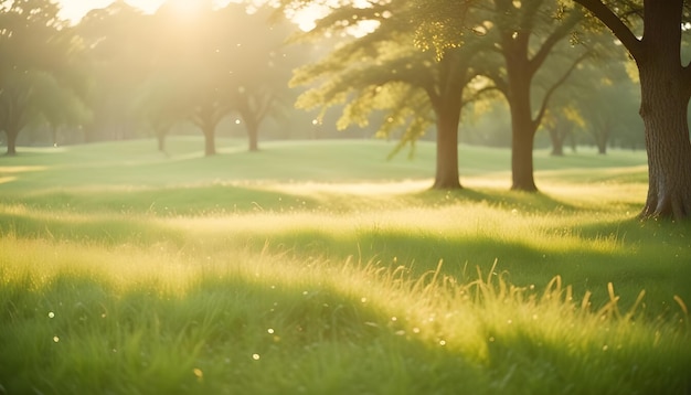 Vector nature photography of a field of green grass with trees in the background illuminated by golden sunlight