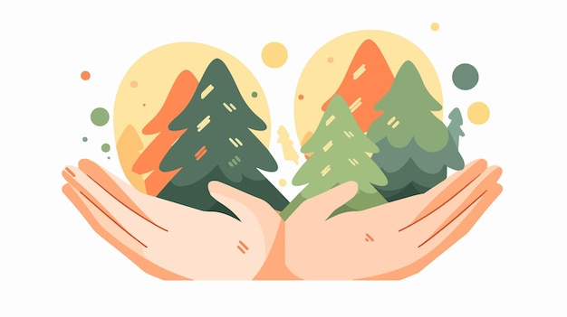 Nature protection concept with two hands and pine trees