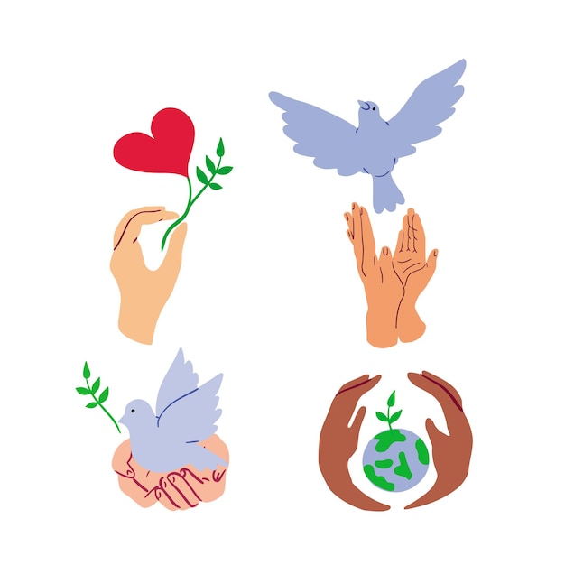 Nature protection emblems.Hands with dove,planet,heart.Environmental protection.Eco symbols.Vektor