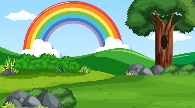 Nature scene background with rainbow in the sky