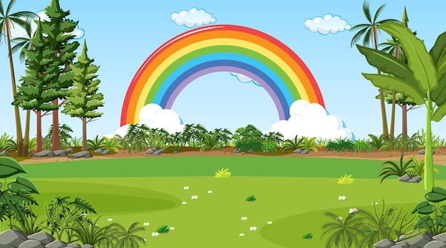 Nature scene background with rainbow in the sky