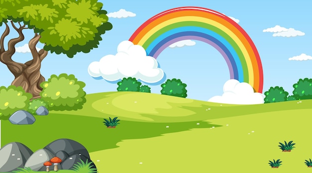 Nature scene background with rainbow in the sky