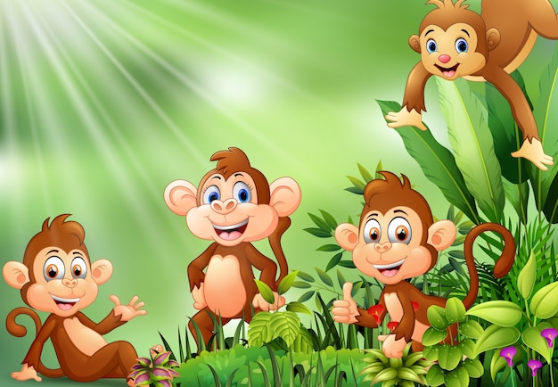 Nature scene with group of monkey cartoon