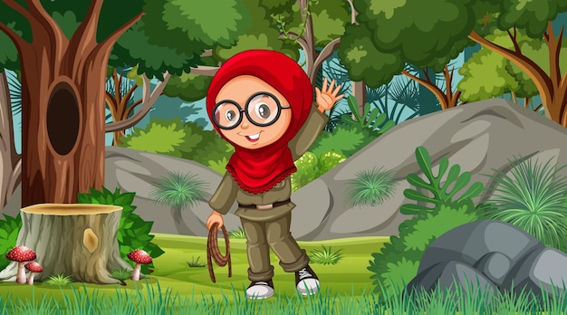 Nature scene with a muslim girl cartoon character exploring in the forest