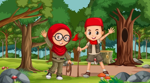 Nature scene with muslim kids exploring in the forest