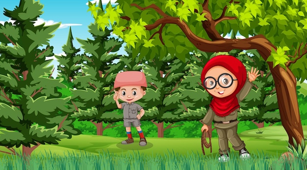 Nature scene with muslim kids exploring in the forest