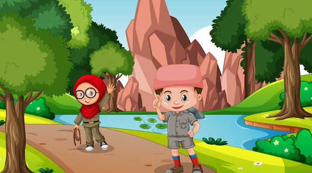 Nature scene with muslim kids exploring in the forest