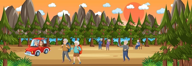 Nature scene with senior people hiking