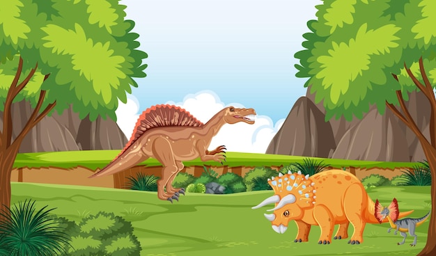 Nature scene with trees on mountains with dinosaur