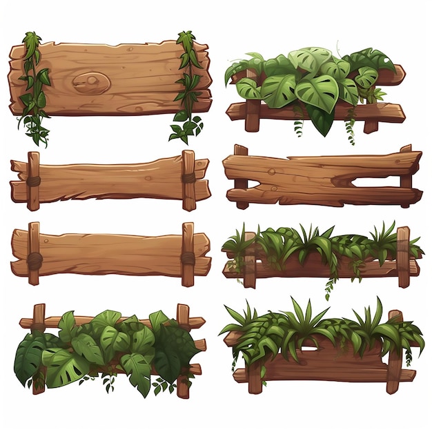 nature set design wooden vector board illustration cartoon grass wood banner plant signboard old