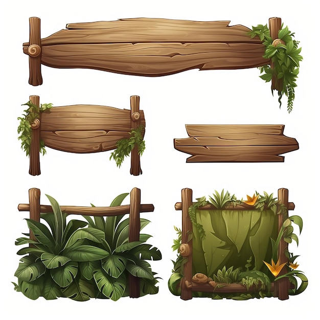 nature set design wooden vector board illustration cartoon grass wood banner plant signboard old