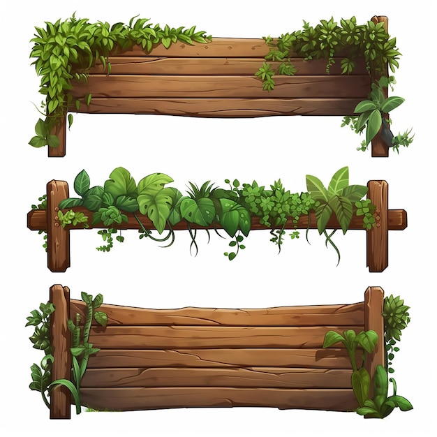 nature set design wooden vector board illustration cartoon grass wood banner plant signboard old