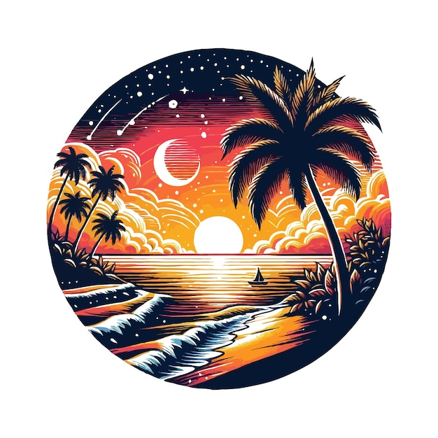 Nature sunset illustration with palm tree silhouette and beach