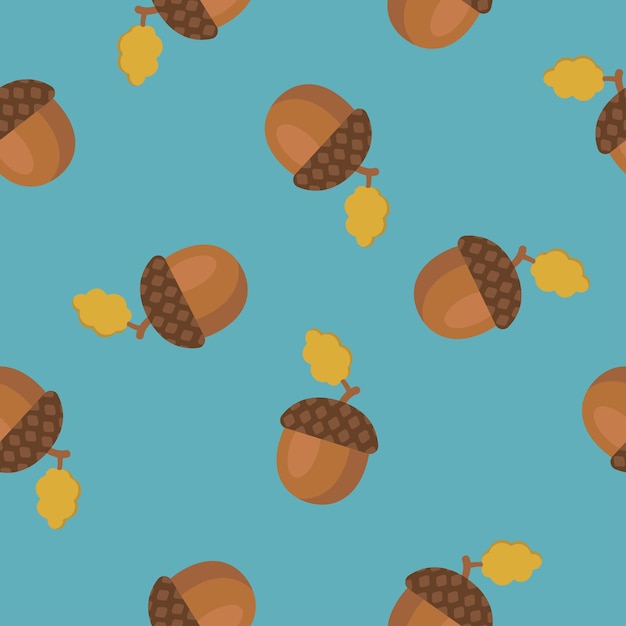 Nature vector acorns on blue background seamless pattern