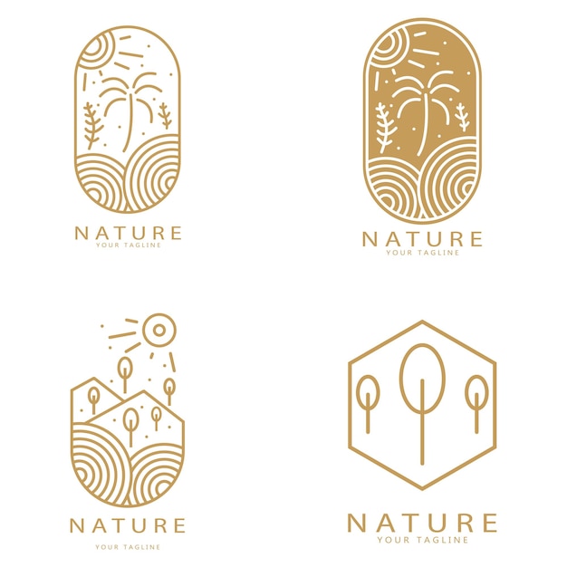 Nature vector logo with trees rivers seas mountains business emblems travel badges ecological health