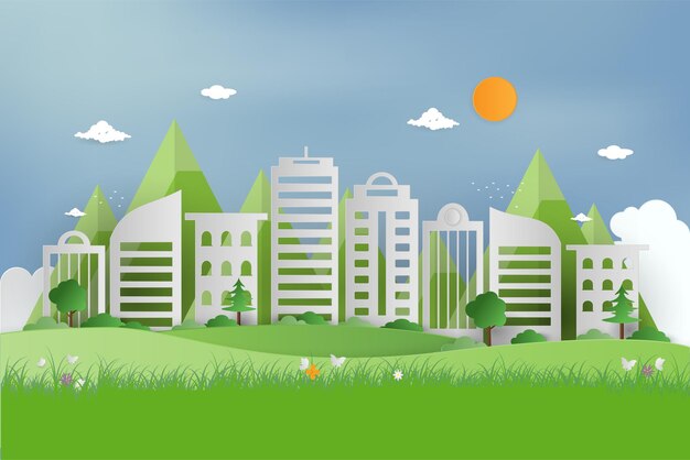 Vector nature view of green grass in garden at summer and public park on urban city origami concept and ecology idea cityscape using as background and wallpaper