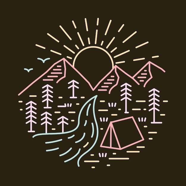 Nature with good view of mountains river and sunrise graphic illustration vector art tshirt design