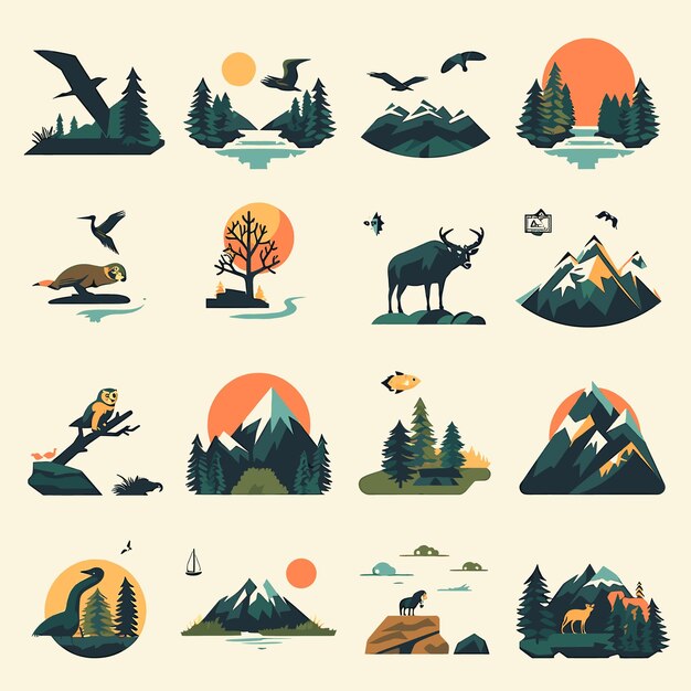 Vector natureinspired travel agency icon collection with animals and mountains