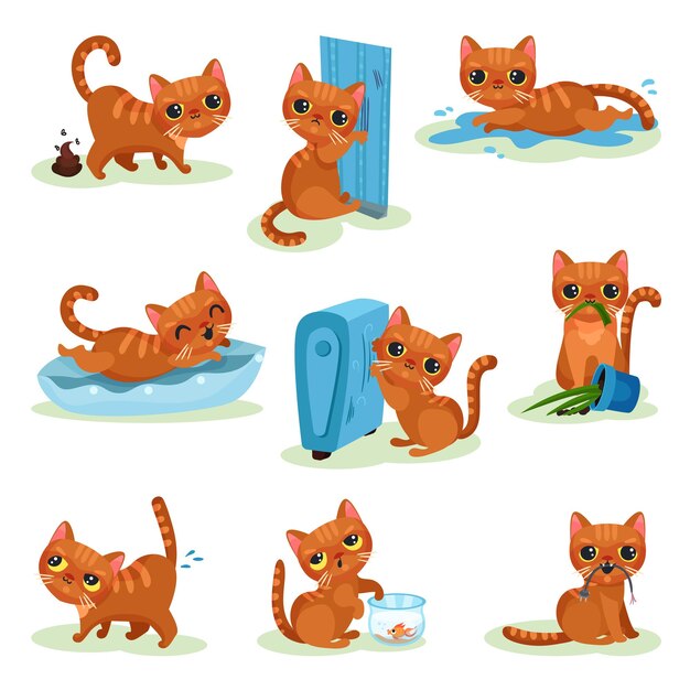 Naughty kitten in different situations mischievous cute little cat vector Illustrations isolated on a white background