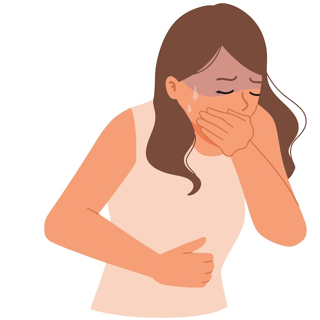 Nauseous woman going to puke throw up and holding stomach illustration