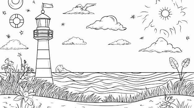 Vector nautical anchor and lighthouse coloring page for kids